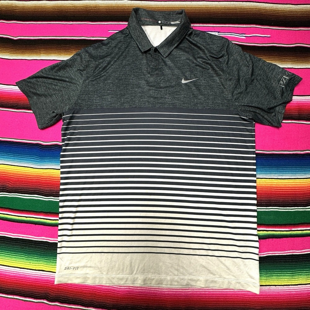 Nike Tiger Woods Collection Polo Shirt Men's L Grey White Bold Stripe 648717-010